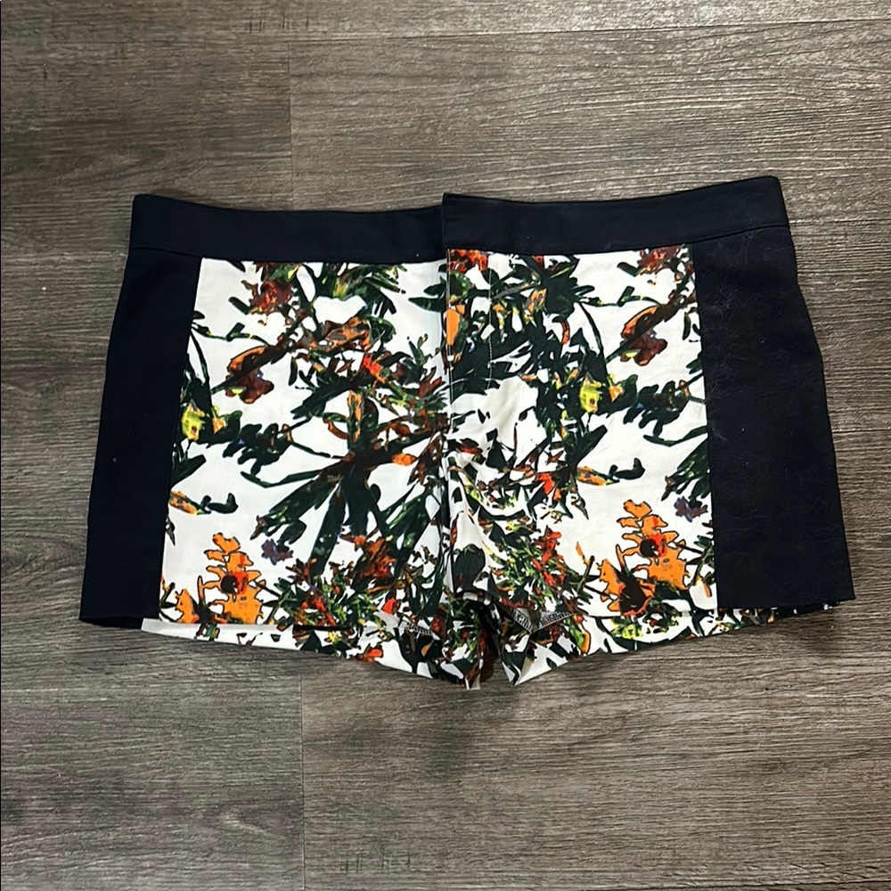 Club Monaco Floral High-Waist Shorts in Black and White with Orange Accents